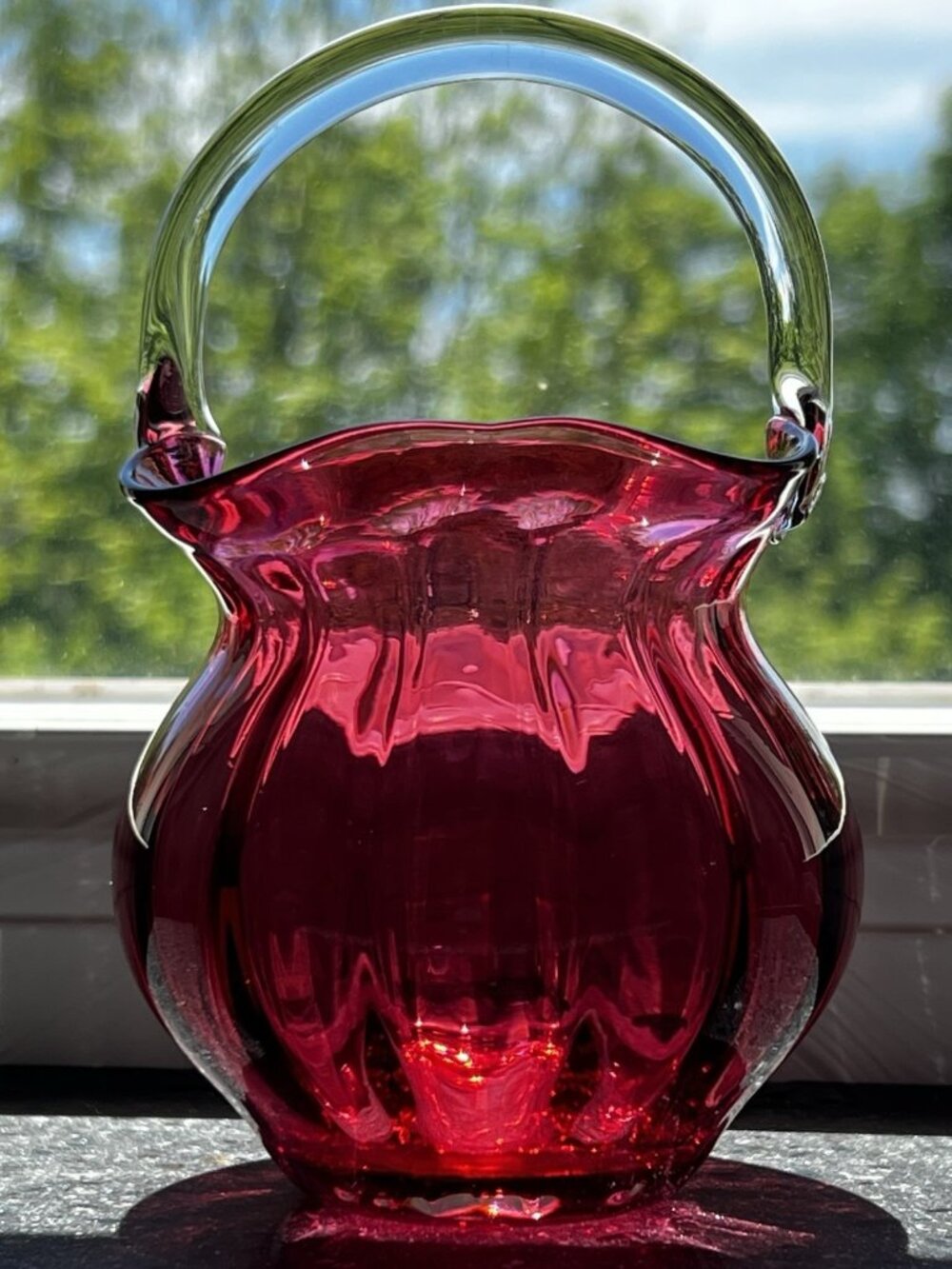 Vintage Pilgrim Glass Co. Hand Blown Cranberry Ribbed Basket w/Clear Handle 5.5"
